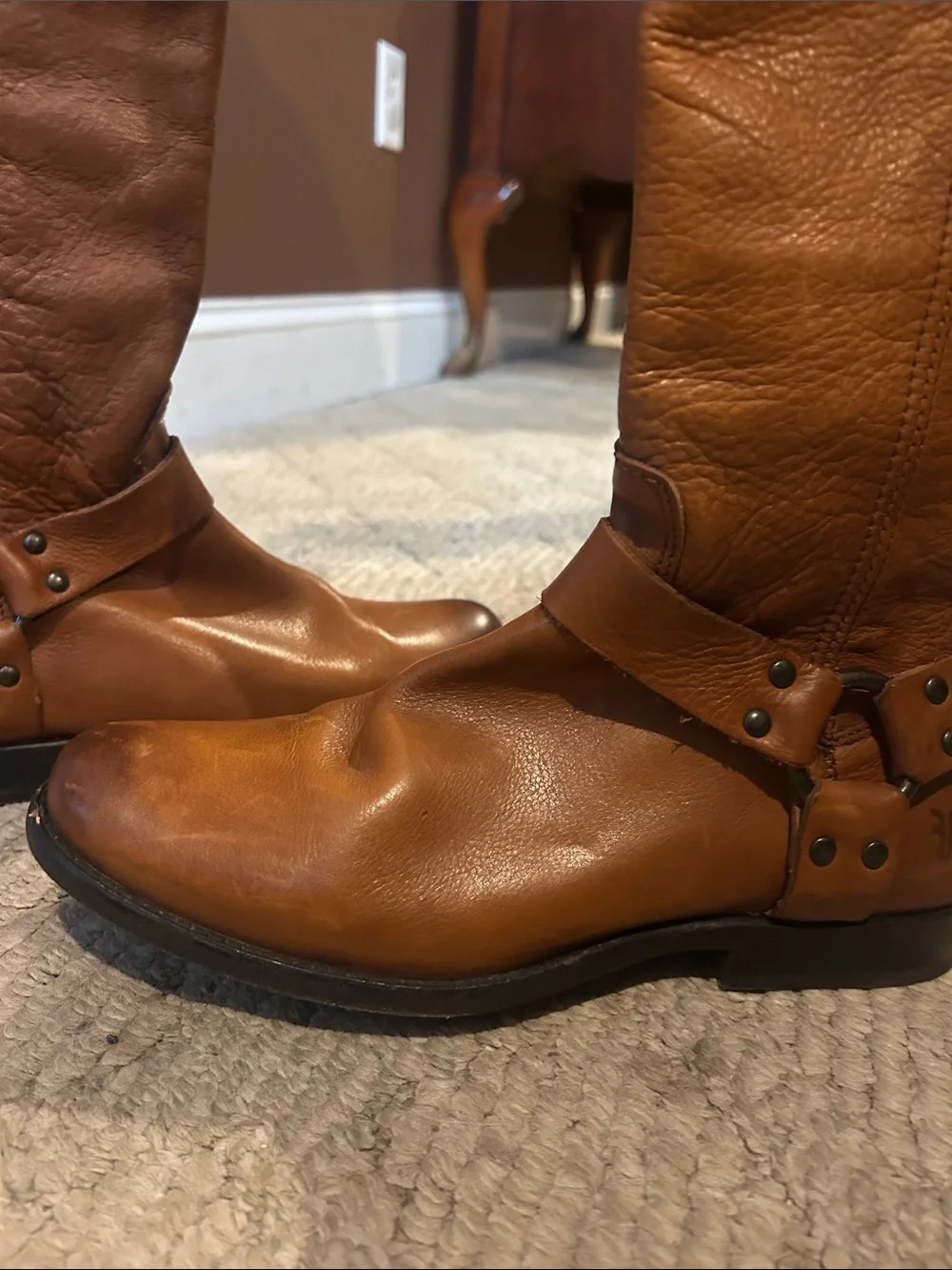 Frye Tall Cognac Leather Harness Riding Boots